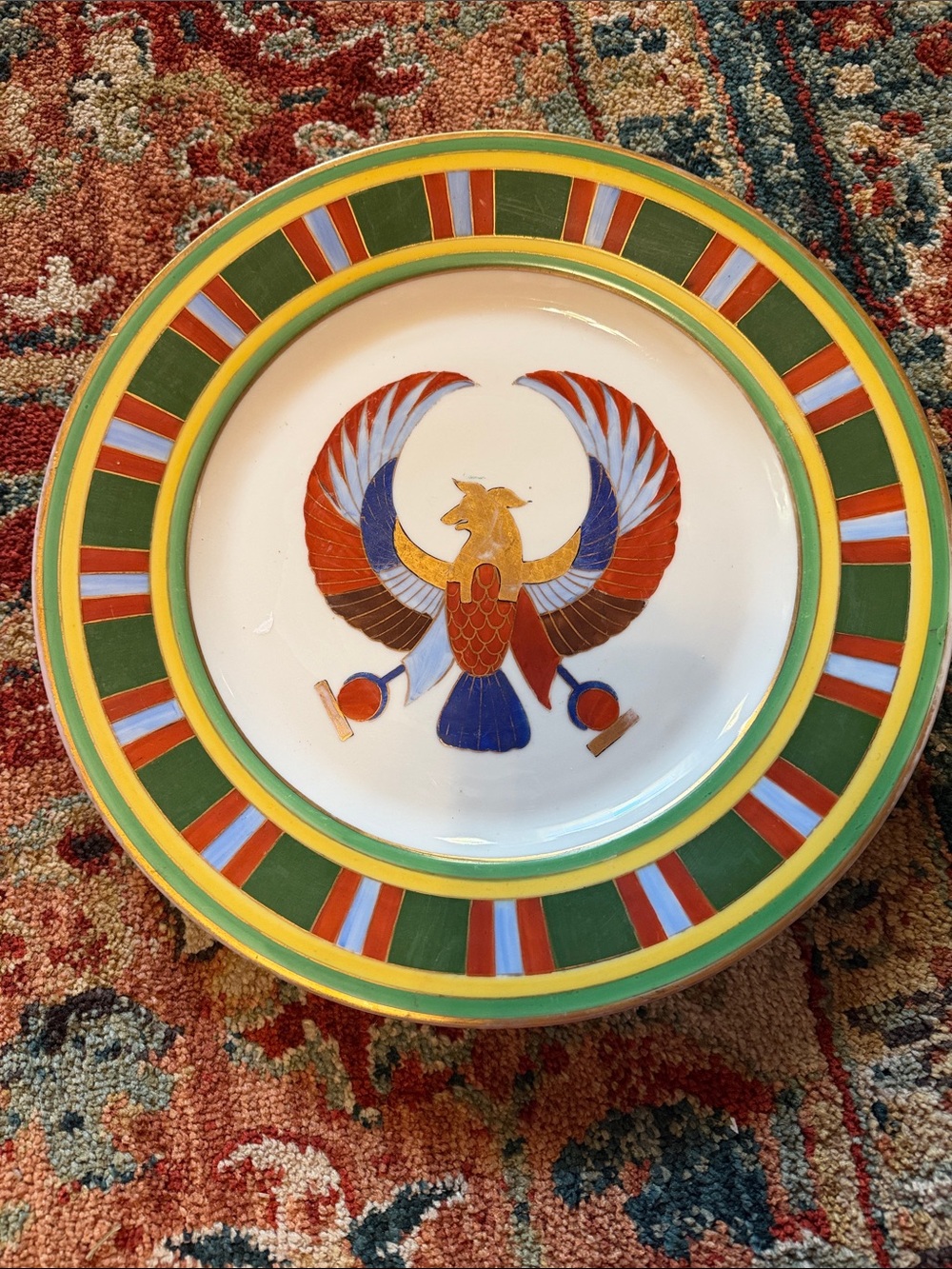 Chelsea Porcelain Plate Egyptian Bird Motif Striped Rim